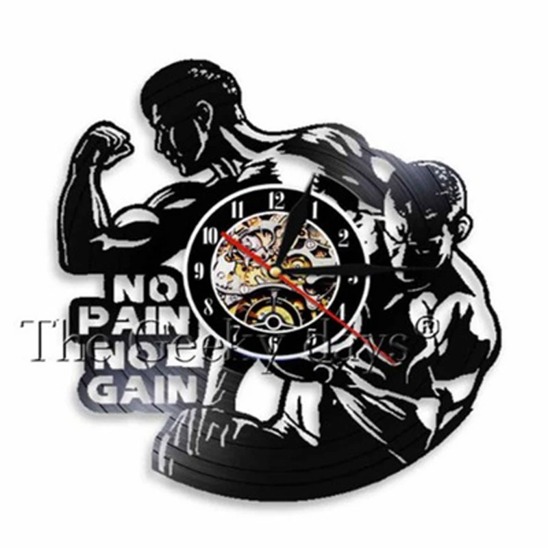Vintage Vinyl Record Wall Clock Design No Pain Gain Gym Bodybuilding Fitness Sport Clocks Watch Bodybuilder Gift | Дом и сад