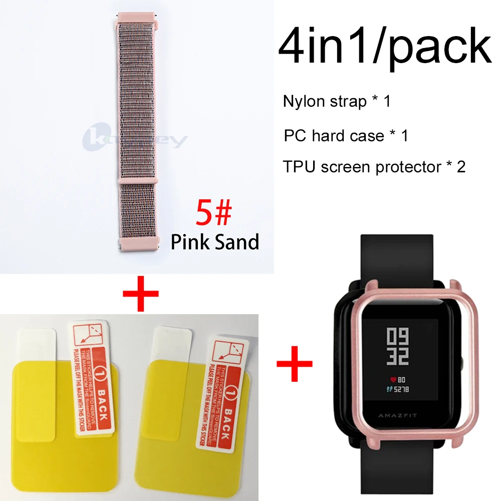 5-Rose pink case 4в1 для Xiaomi Huami Amazfit ремешок bip браслет нейлоновая петля Smartwatch Браслет amazfit bip чехол с защитой экрана - Цвет: 5-Rose pink case