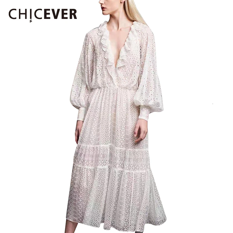 CHICEVER, винтажные Лоскутные женские платья с оборками, v-образный вырез, фонарь, длинный рукав, высокая талия, платье для женщин, мода, новинка