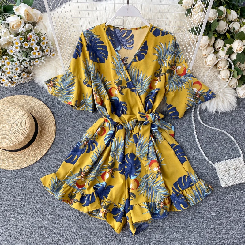 

Sweet Ruffled Women Playsuits Elastic High Waist Bow Print Female Wide-legged Shorts Pants Jumpsuit Romper Overalls for Girls W8