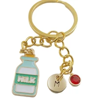 milk bottle initial letter birthstone keychains keyring gold fashion jewelry women gifts christmas accessories pendants