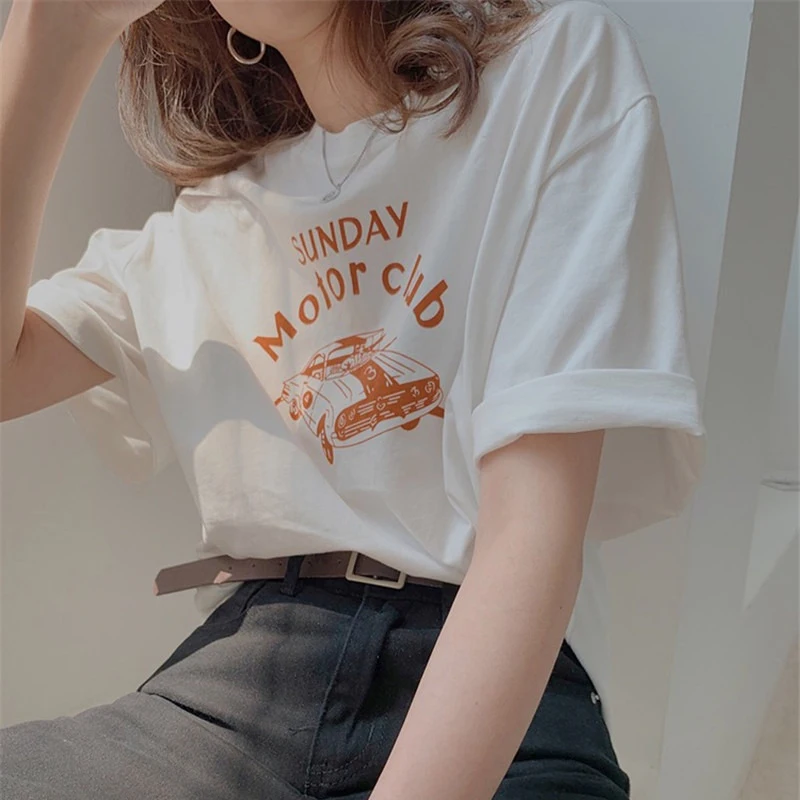 

Limiguyue 100%Cotton Women Retro Car Print Tshirt Summer Casual Letter Short Sleeve T Shirt O-Neck Tops Summer T-shirt K2087