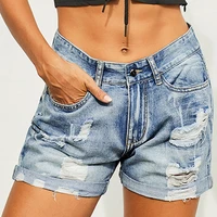 sexy hole blue jeans shorts women vintage loose frayed mid waist shorts casual summer pocket button worn denim shorts for ladies