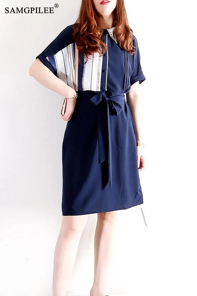

Dresses Summer 2021 Woman Casual Dress A-line Patchwork Short Sleeve Knee-length Empire Peter Pan Collar Plus Size Women Dresses