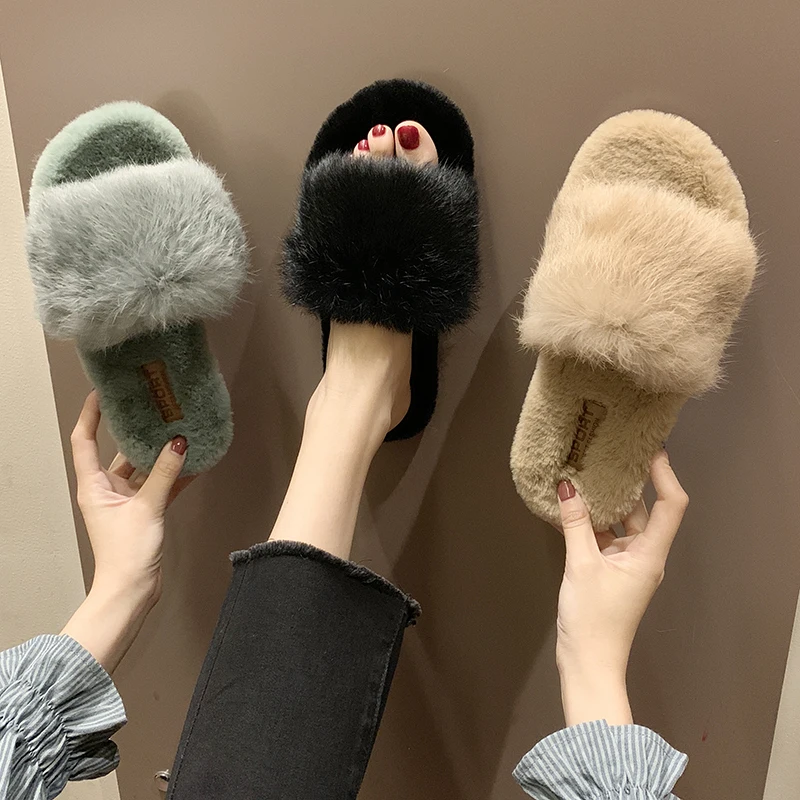 Hot Sale Women Slippers Fashion Fluffy Faux Fur Plush Slippers Women Spring Autumn Slides Flip Flops Flat Shoes 35-40 g754