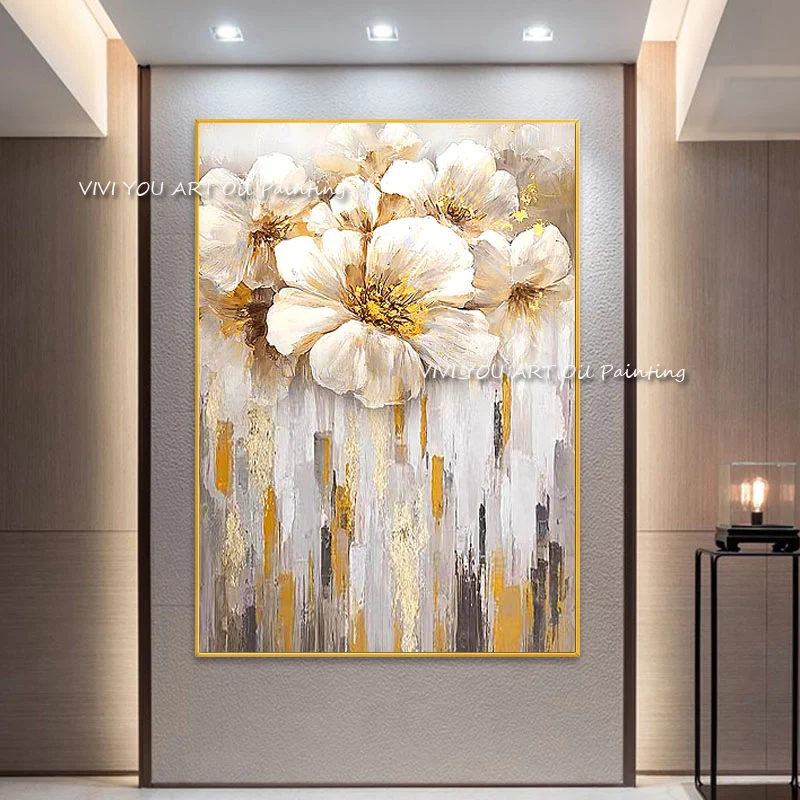 

Hot Sales Big Flower White Yellow Nature Handpainted Abstrat Oil Painting On Canvas Home Decor Wall Art Picture For Living Room