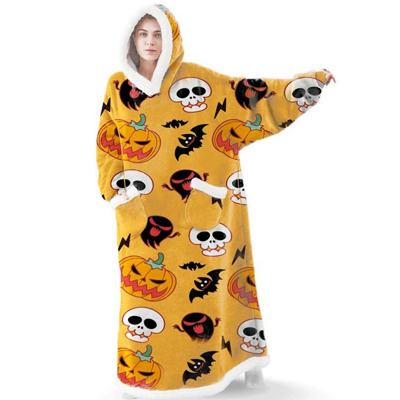 2021 Halloween Christmas Pumpkin Printed Lazy Blanket Casual Long Lazy Sweater Hooded Lazy Blanket