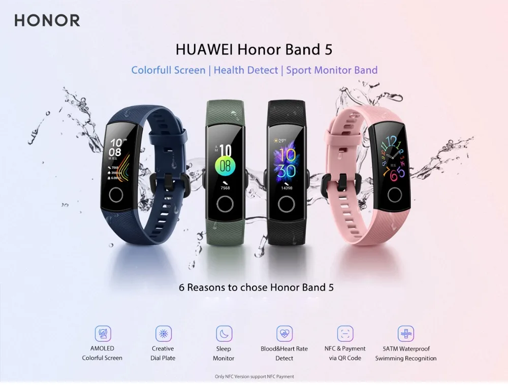 Браслет Honor Band 5 Band 5, умный браслет с кислородом в крови, монитор сердечного ритма в реальном времени, 0,95 дюймов, AMOLED экран, 5 АТМ, водонепроницаемый