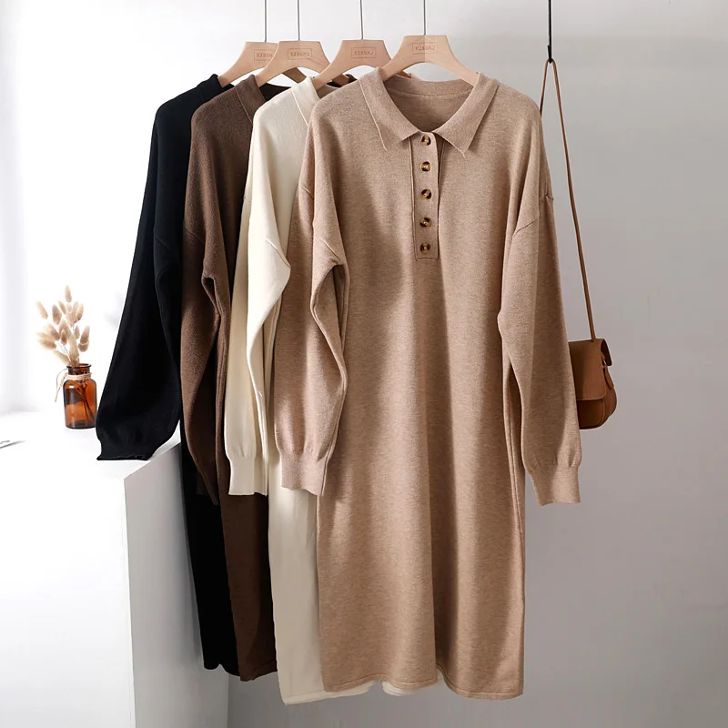 Женское длинное платье-свитер с отложным воротником повседневное свободное