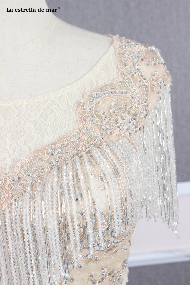 

robe sirene soiree new lace fringed crystal hat sleeve champagne evning gowns luxury vestido de noche largo elegante prom dresse