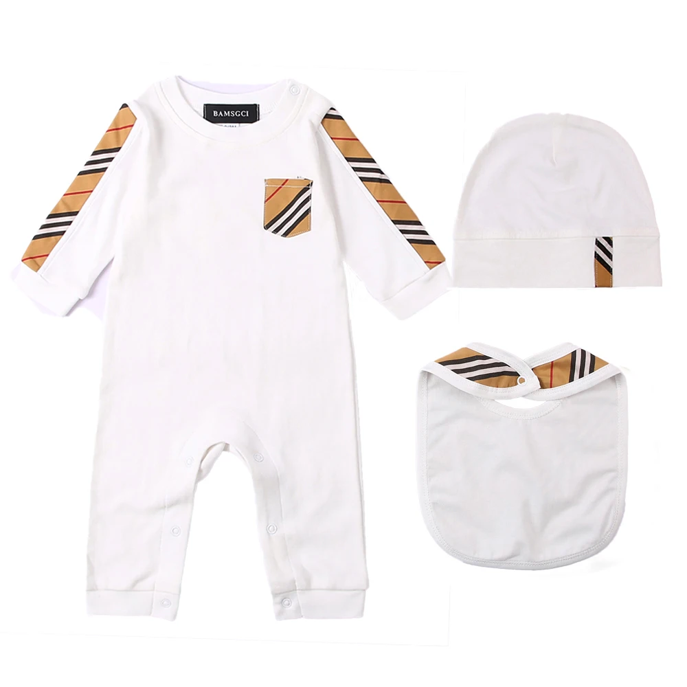 New summer fashion newborn baby clothes Plaid stripes cotton Long sleeve new born boys girls rompers Bibs hats 3 pcs sets | Детская