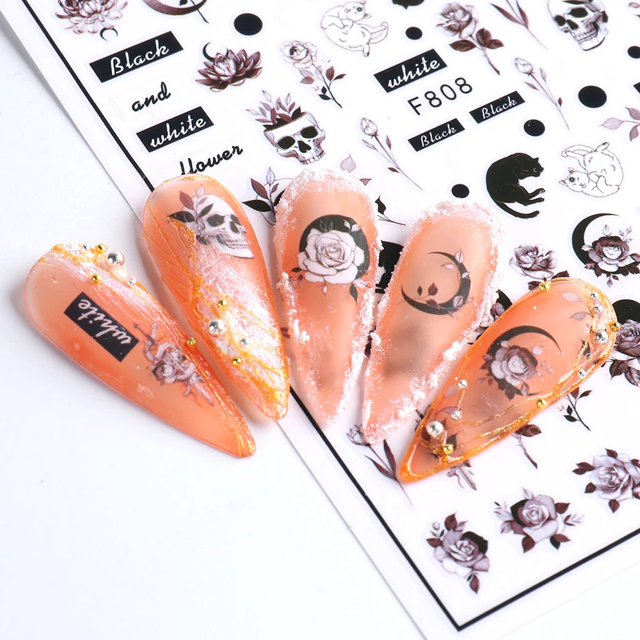 Черный и белый цветок ногтей 3D стикер простой дизайн слайдер в виде листа