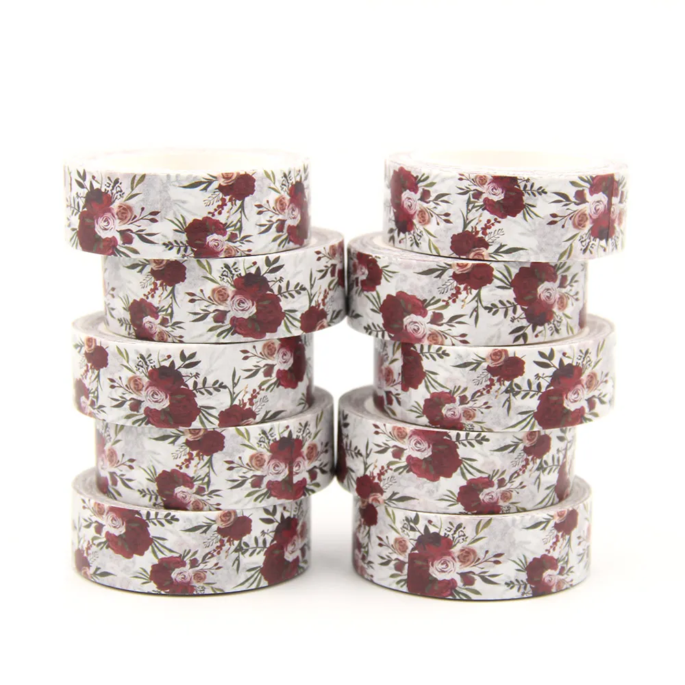 

10PCS/lot 15MM*10M Red Flowers Green leaves Washi Stickers Masking Tapes Decorative DIY Stationery office supplies washi tapes