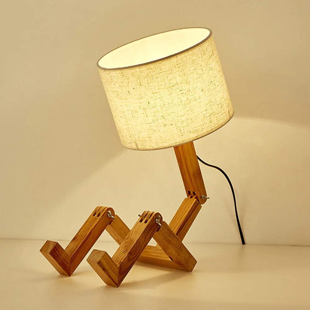 

New Wood Robot Shape Folding Table Lamp E27 Creative European Fashion Bedroom Study Bedroom Bedside Linen Lamp Shade Table Lamp