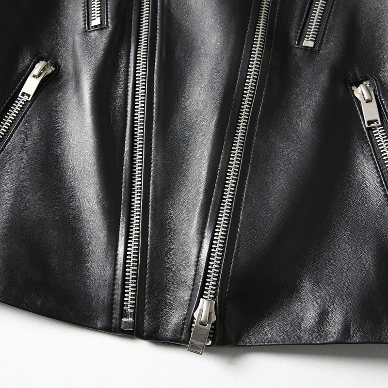 

fashion short leather coat sheepskin slim standing collar motorcycle jacket single leather jacket new style