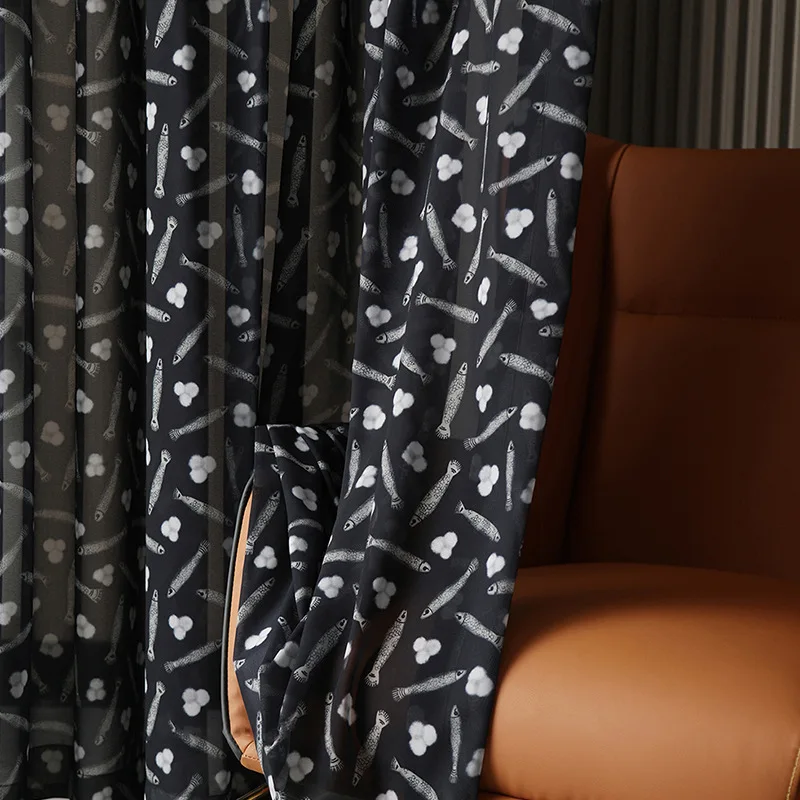

Black Sheer Curtains for Living Room Bedroom White Floral Printed Tulle Curtain Decoration Transparent Curtain Blinds Drapes