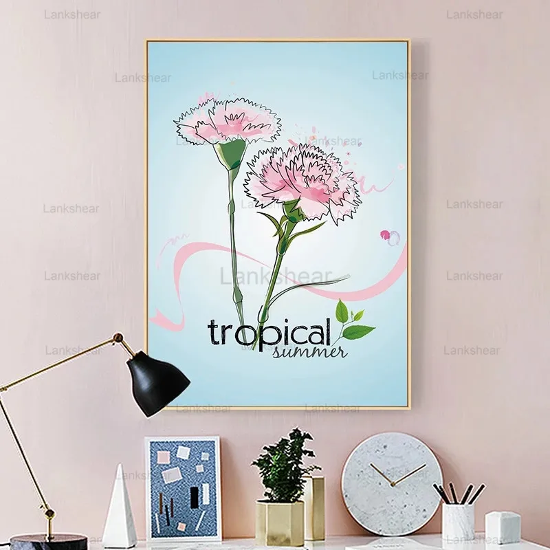 Скандинавский тропический растительный принт акварельный розовый цветок