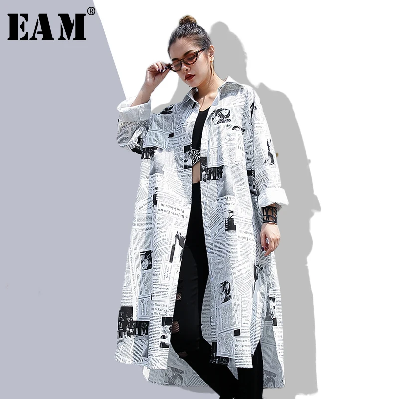 

[EAM] 2021new Spring Autumn Lapel Long Sleeve White Printed Loose Irregular Big Size Long Shirt Women Blouse Fashion Tide JF008