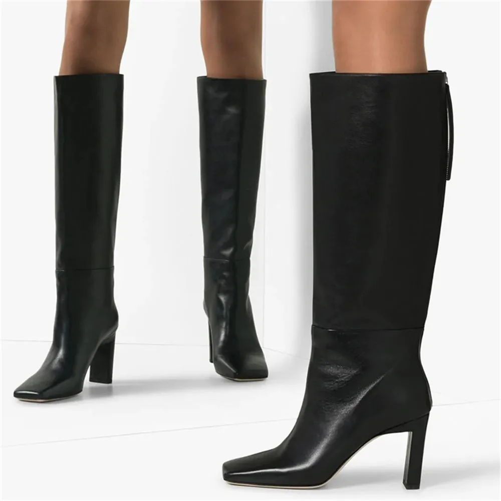 

Aiyoway New Arrival Women Knee High Boots 10cm Heels Square Toe Zipper Patchwork Party Wedding Shoes Plus Size 35-48