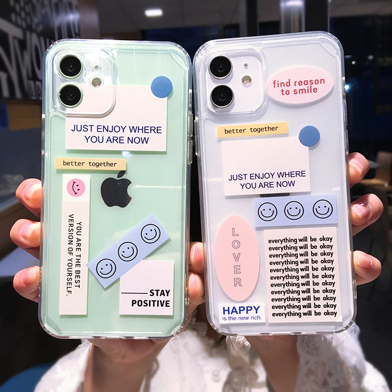

Cute Cartoon Smile Label Clear Phone Case For iPhone 12 Pro Max Mini 11 X XS XR 7 8 Plus SE 2020 Transparent Soft TPU Back Cover