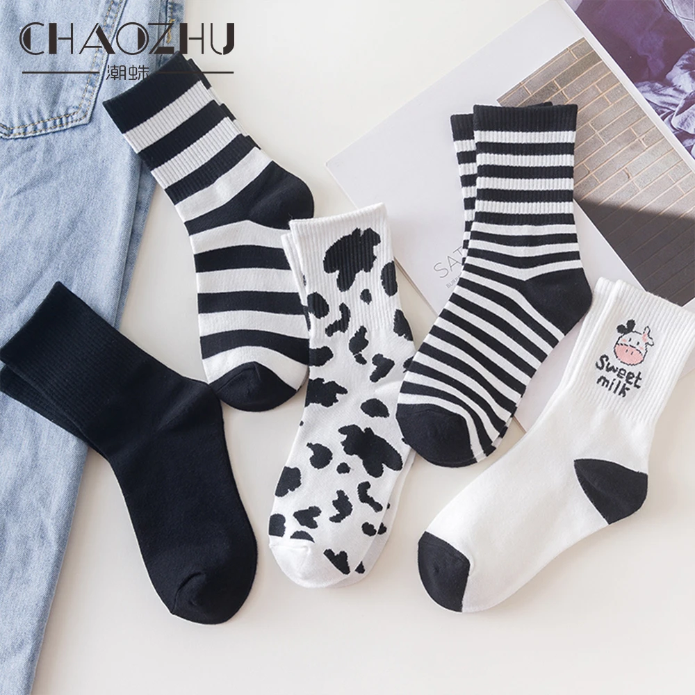 CHAOZHU Daily Socks Women Socks Black White Striped Cows Pattern Cartoon Kawaii Fashion Character Cotton Rib Stretch 4 Seasons