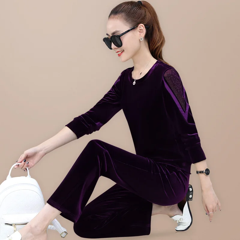 

Golden velvet suit women's fashion, western style, loose set with diamond drape pants, sports and leisure two piece set