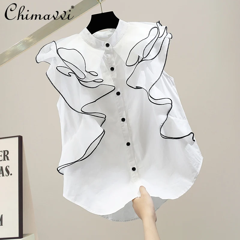 

Рубашка многослойная с оборками, Элегантная универсальная приталенная модная простая блузка контрастных цветов во французском стиле, лето...