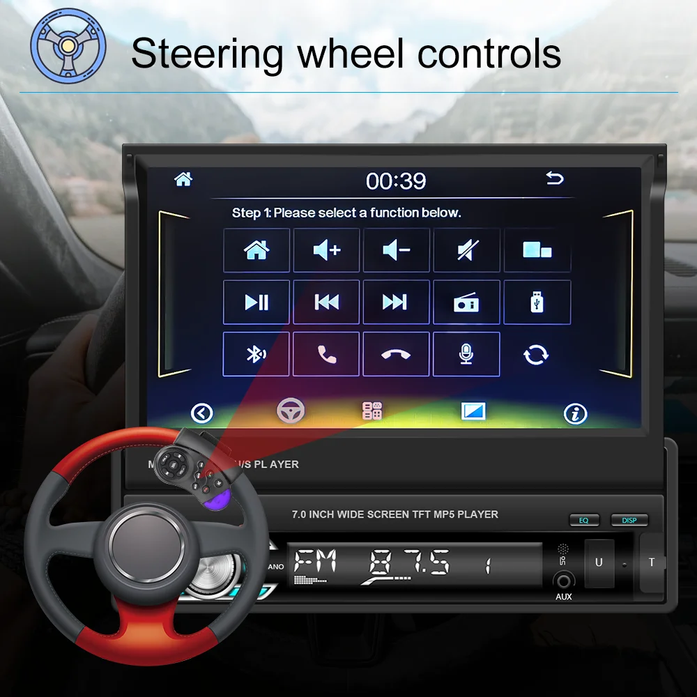 

Hikity Car Stereo Audio Radio Bluetooth 1DIN 7" HD Retractable Touch Screen Monitor MP5 Player FM Receiver For 1 Din universal