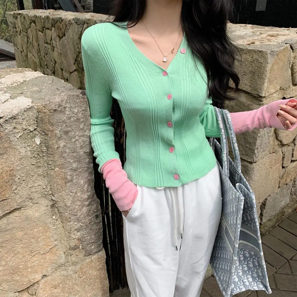 

Вязаный кардиган контрастных цветов с V-образным вырезом, Женский весенне-осенний новый милый Приталенный топ, однобортный свитер для девуш...