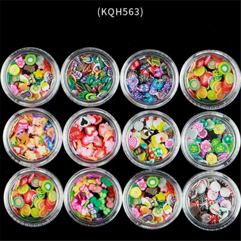 KQH563 12Box/Set Mixed Fruits Flowers Heart Xmas Shape Nail Art Decoration Nail DIY Crafts 3D Jewelry for Nail Polish Tools - Color: KQH563