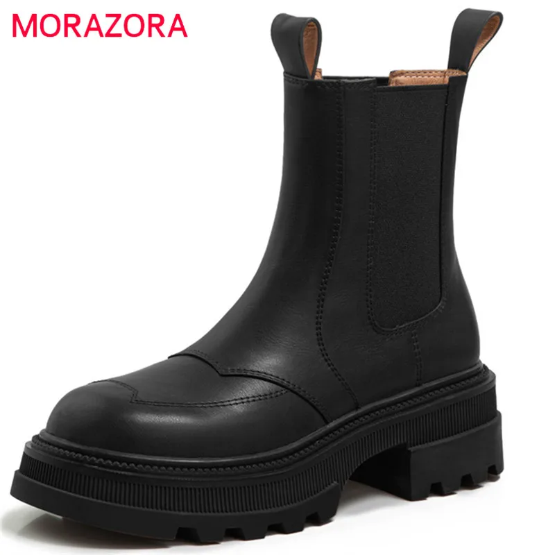 

MORAZORA Chelsea Boots 2022 Newest Genuine Leather Boots Comfortable Thick Heels Autumn Winter Casual Ankle Boots Women