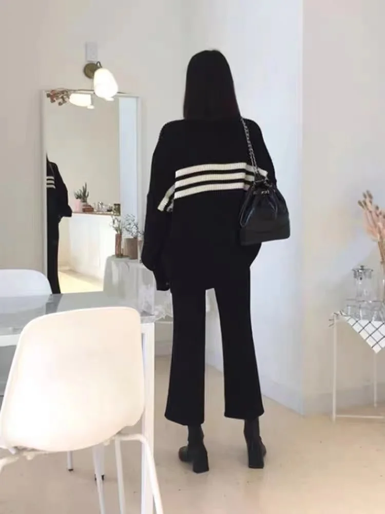 Осенне-зимний новый свободный кашемировый свитер в полоску European station черный