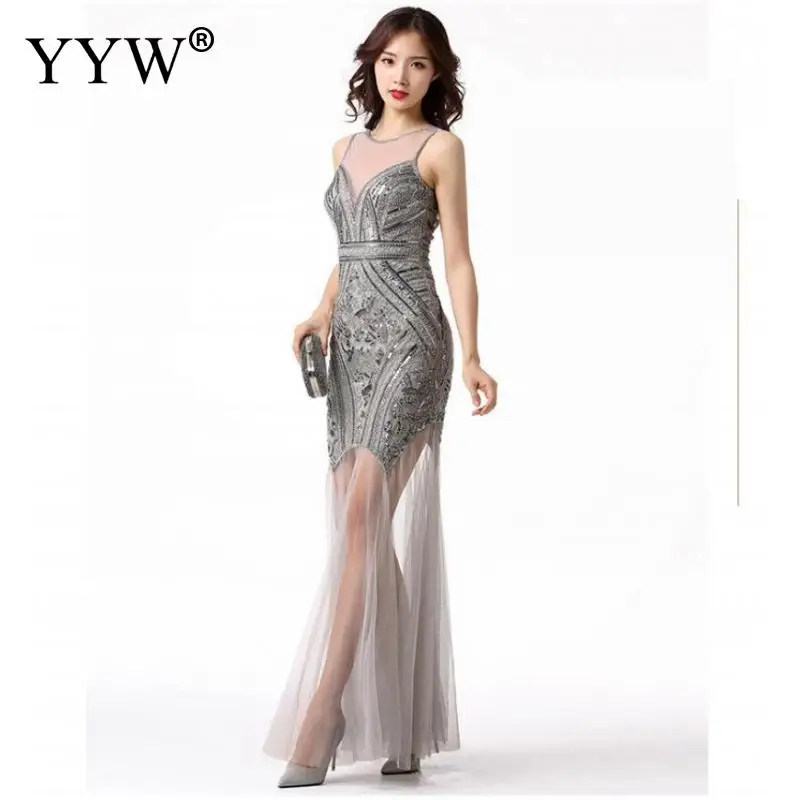 

New Woman Sexy Transparent Long Evening Dress Sleeveless Sequin Party Dresses Black Silver Femme Vestidos robe de soiree