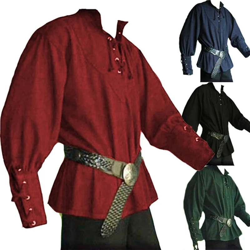 

Men Medieval Costume Shirt Pirate Larp Knights Renaissance Bandage Lace Up Loose Tops Long Sleeve Solid Adult Men Cosplay Shirts