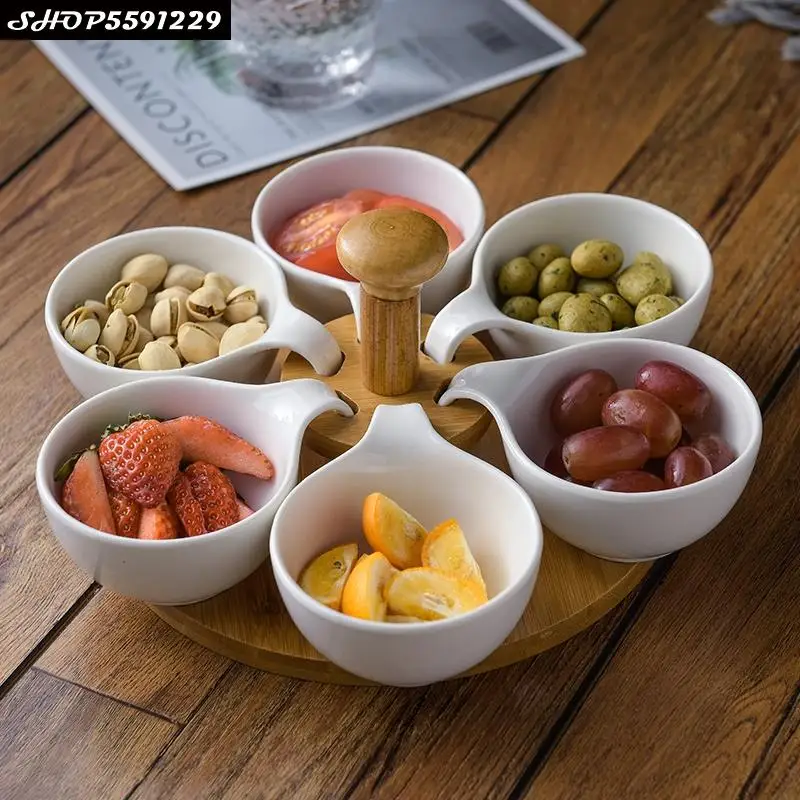 

Art Ceramic Divided Grid Fruit Snack Plate Hanging Afternoon Tea Dessert Cake Bowl with Wooden Tray Household White Nut Platter