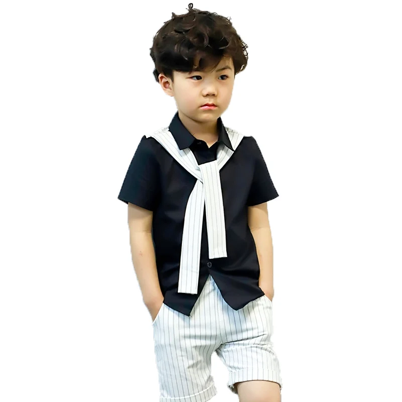 School Kids Sports Short Sleeves Shirt+Shorts 2pcs Suit Children Birthday Party Gift Clothing Gentleman Boys Summer Set | Детская одежда