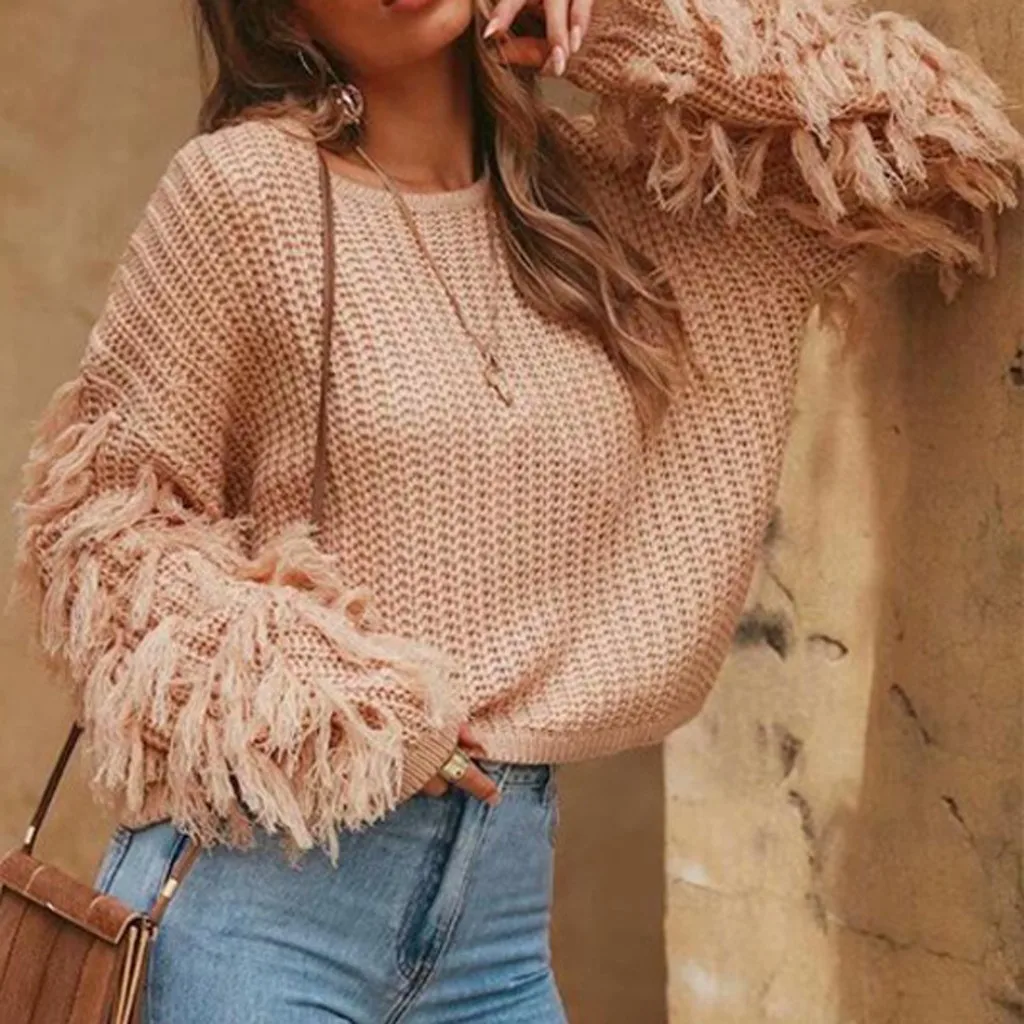 Women Casual Knit Sweater Autumn Solid Pullovers Tops O-Neck Tassel Long Sleeve Loose Sweaters Blouse Женский свитер | Женская