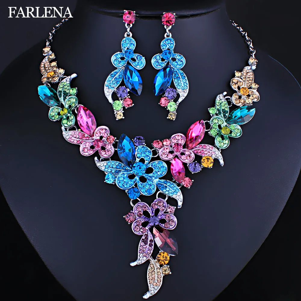 

FARLENA Wedding Jewelry Multicolor Crystal Rhinestones Flower Necklace Earrings set for Women African Bridal Jewelry sets