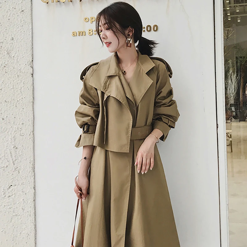 Women Trench Coat Autumn Casual Belt Waist Long Coat Turn Down Collar Long Sleeve Windbreaker Trench Fashion Outwear