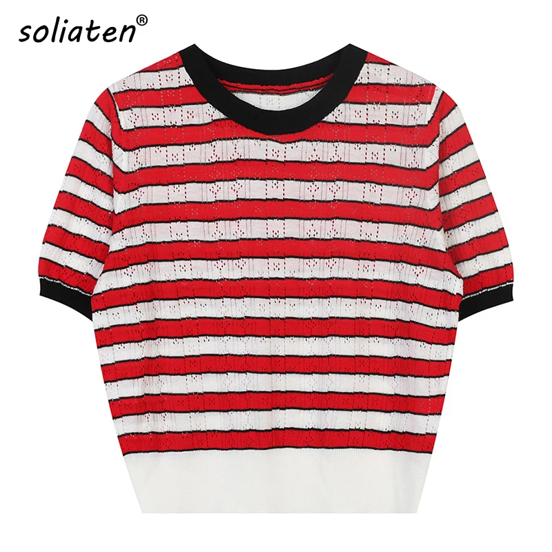 

Summer New Hit Color Hollowed-Out Knitted Casual T-Shirt Hollowed-Out Striped Tee Slim Fit Women T-shirts B-149