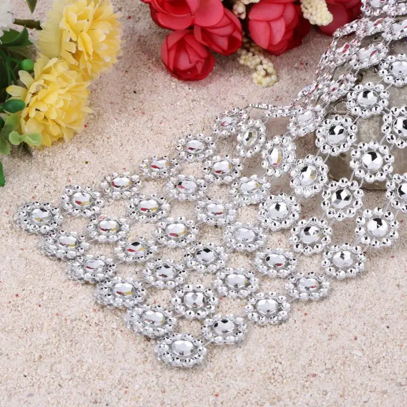 

1Yard Silver Sunflower Rhinestone Crystal Ribbon Faux Diamond Ribbon Acrylic Flower Mesh Wrap Tape for Wedding Cloth