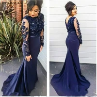 navy blue sexy illusion long sleeves appliqued vestido robe de soiree 2022 lace mermaid formal evening dresses