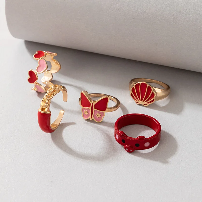

GREEN Jewelry Colorful Vintage Red Chunky Rings Set 5 Pcs Girls Mushroom Snake Pink Hip Hop Punk Trendy Kpop Cute Gift Bohemian