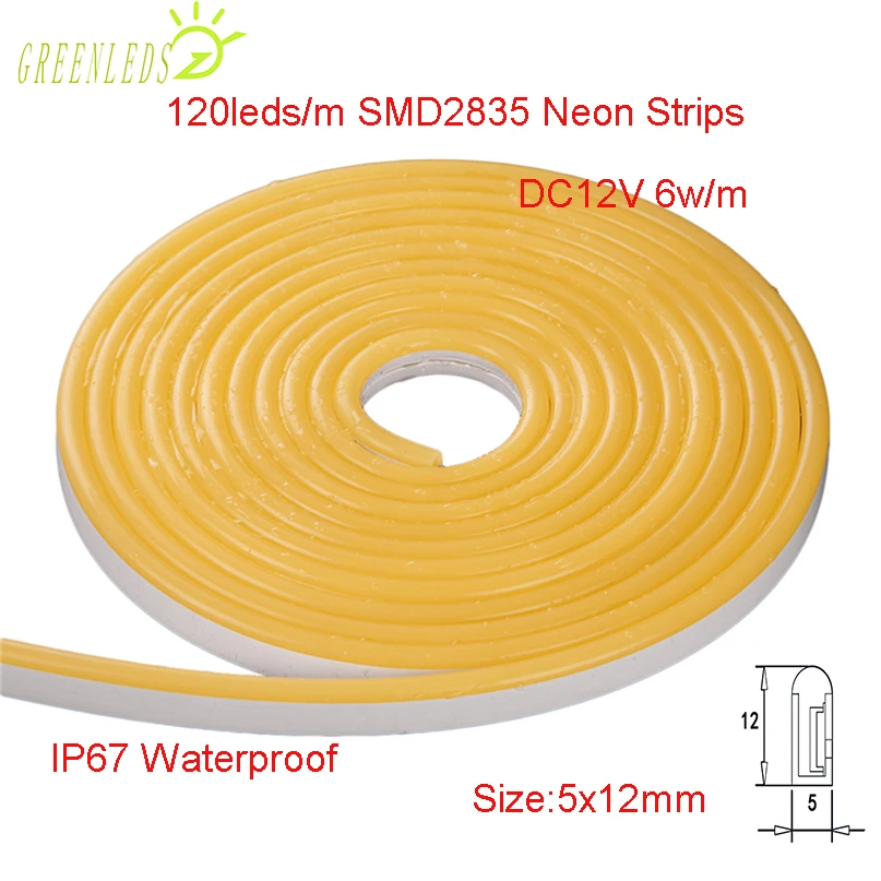 

Neon Strips 120leds/m SMD2835LEDs DC12V 5x12mm 6w/m Silicone Casing IP67 waterproof Flexible Strips with 3 Years Warranties