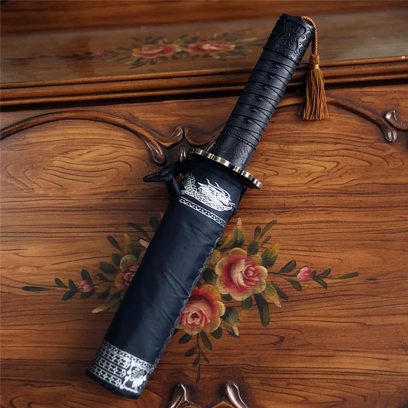 

Vintage Cover Umbrella Windproof Outdoor Inverted Black 3-Fold Automatic Umbrella Japanese Retro Katana Semsiye Rain Gear BH50UM
