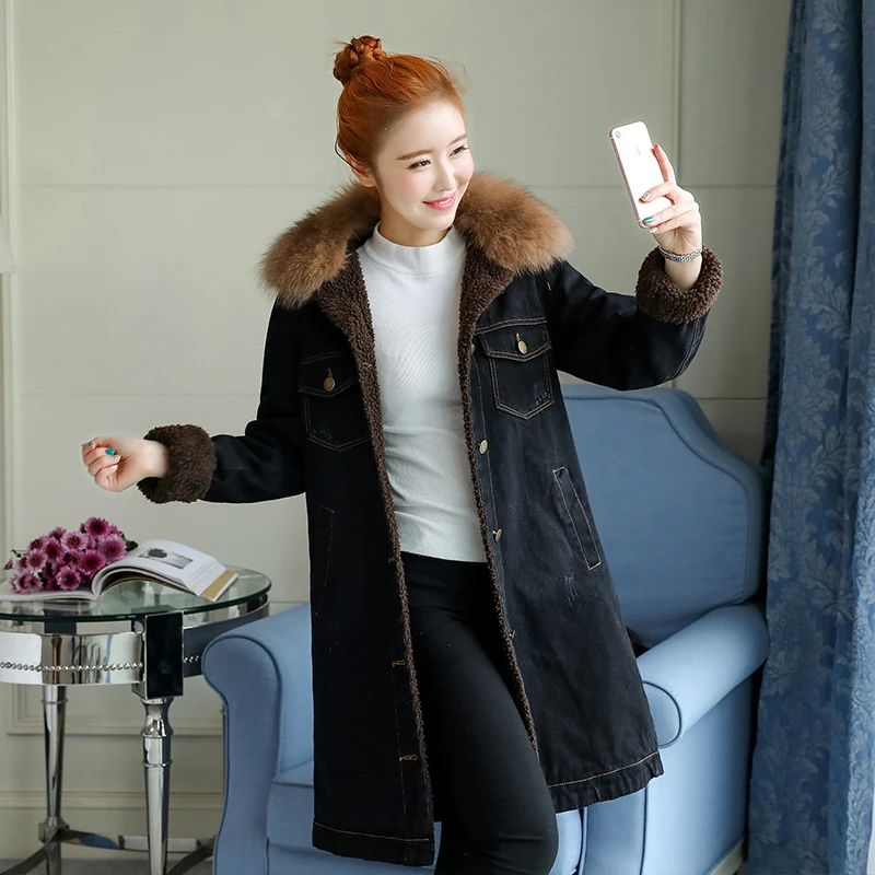 Hiver Long Sleeve Denim Cotton Coat Women Loose Thicken Lamb Wool Denim Outwear Winter Single-breasted Straight Padded Coat Q75
