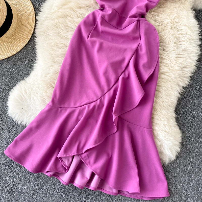 

Purple/Rose Red Square Collar Irregular Dress Women Sexy Ruffle High Waist Mermaid Bodycon Vestidos Spring Autumn 2021 Fashion