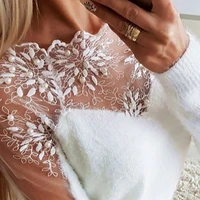 warm long sleeved suit elegant winter vintage sweater top floral pattern stitching sweater womens lace mesh sexy slim knit