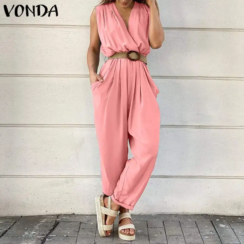 

Женский комбинезон с ремнем, однотонный длинный комбинезон без рукавов, с V-образным вырезом, для офиса, на лето, 2021