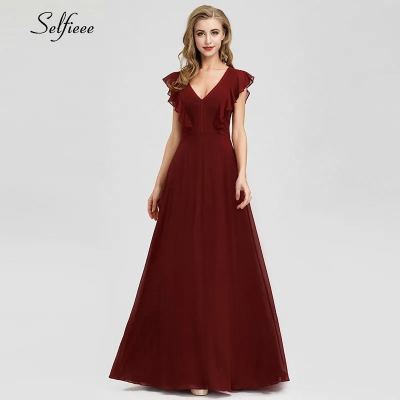 Элегантные Бордовые женские платья а силуэта с v образным вырезом и оборками